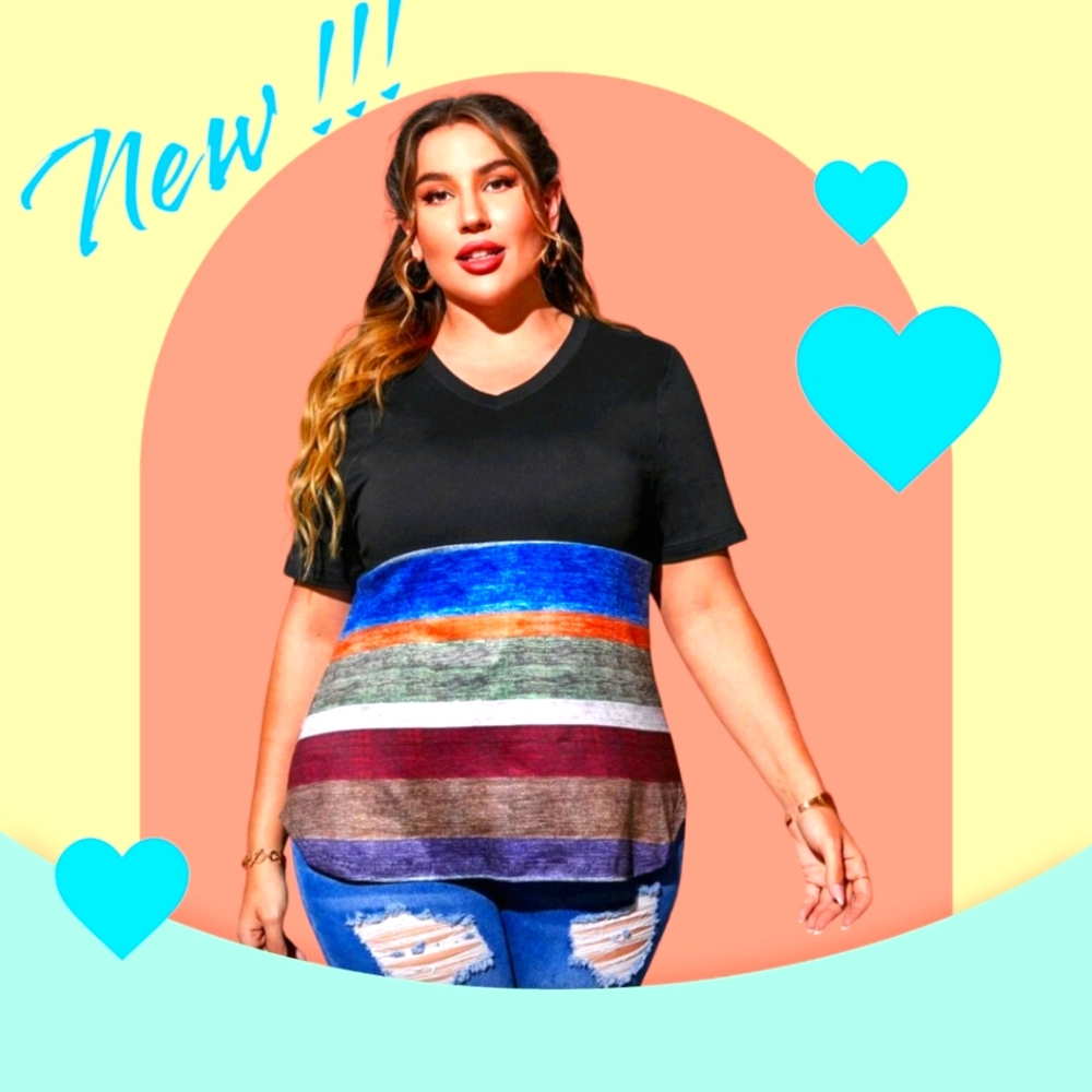 SHEIN/EMERY ROSE 🌹 Women's Plus Size Black Colorblock Casual Fashion Top!!